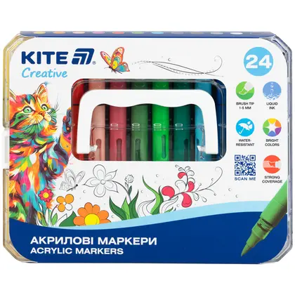 Маркери художні в наборі KITE 24 кольори акрилові з рідкими чорнилами, (K-1162)