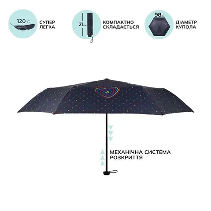 Парасоля дитяча KITE D 98 см. Чорний з сердечками, (K22-2999-2)